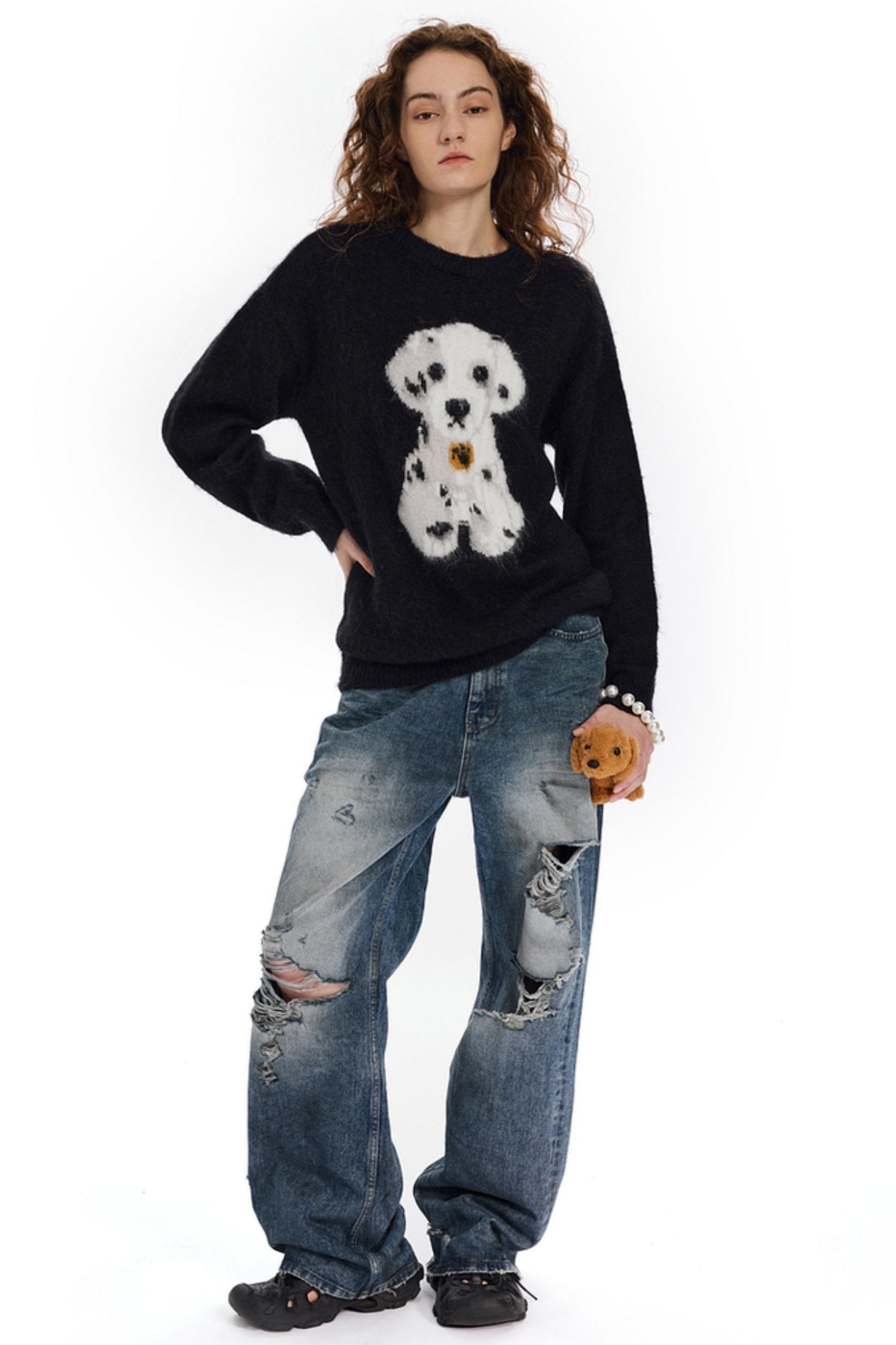 APEA American Mohair Dalmatiner Jacquard Lose Pullover Slouchy Crewneck Langärmliges Strickoberteil