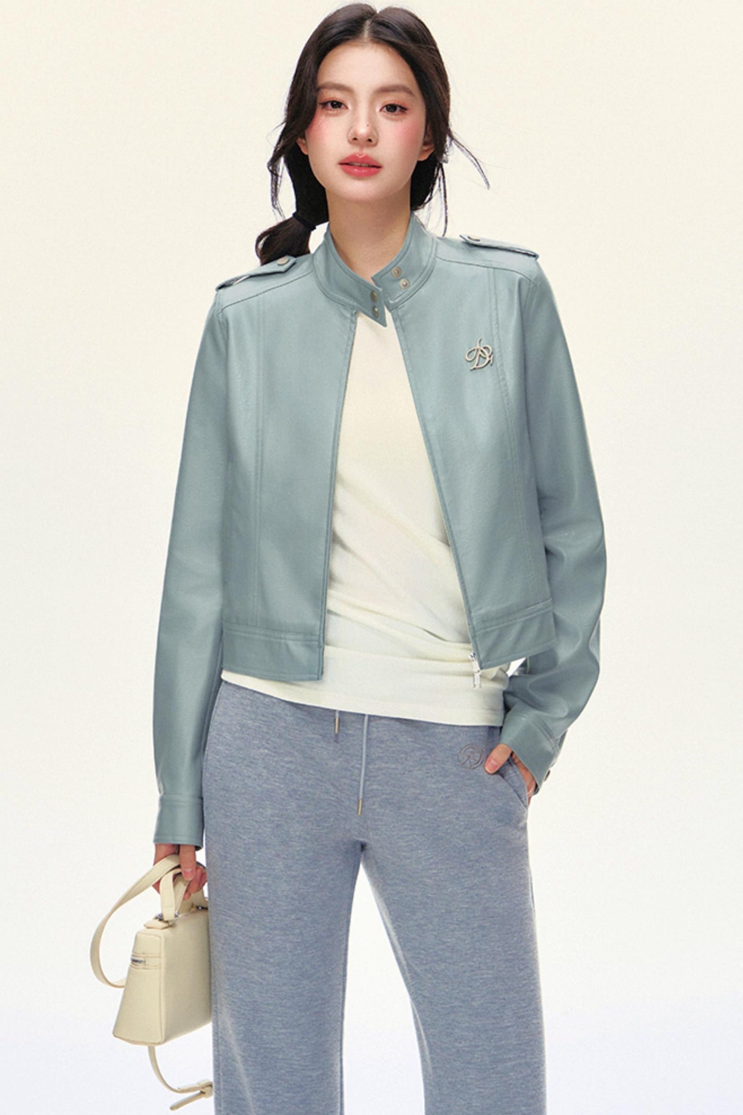 크롭 바이커 PU 가죽 재킷 