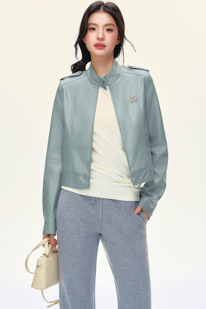 크롭 바이커 PU 가죽 재킷 