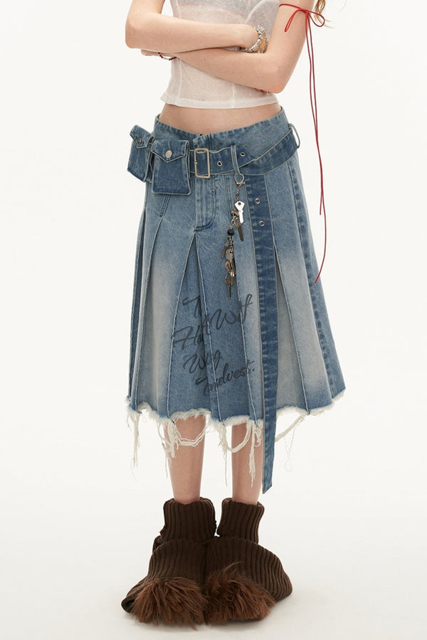 Vintage Belt Bag Decorated Pleated Denim Skirt