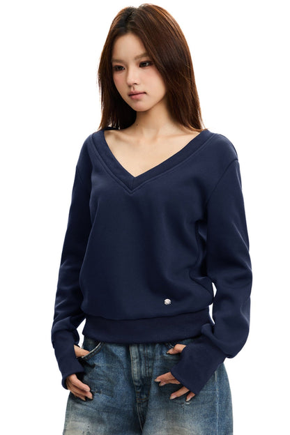 [Oktober 21 Neue Ankunft] APEA Sport große V-Ausschnitt Top, Frauen faul Stil, locker und dünn, off-the-shoulder Sweatshirt