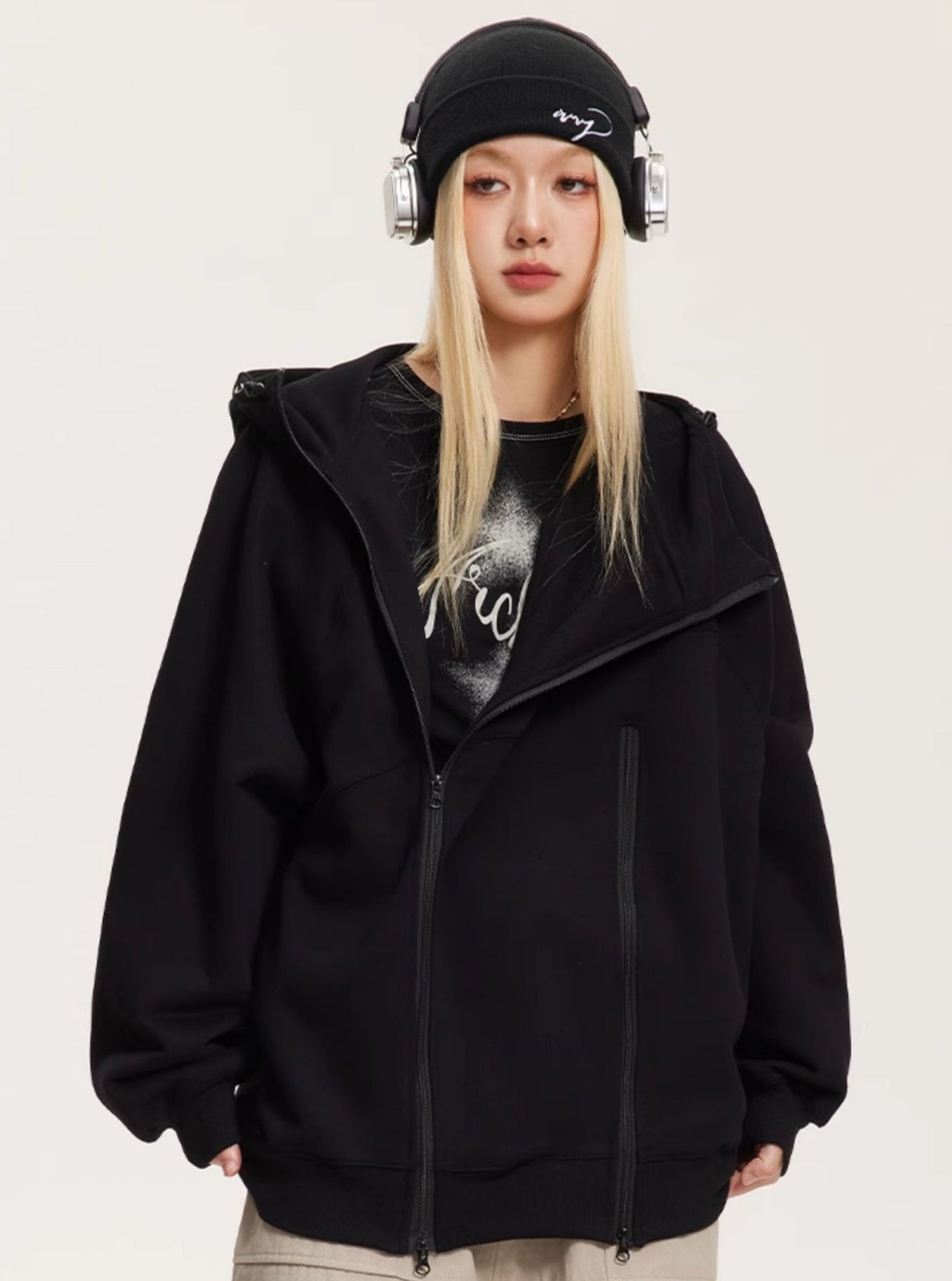 Double Zipper Hooded Sweatshirt Coat