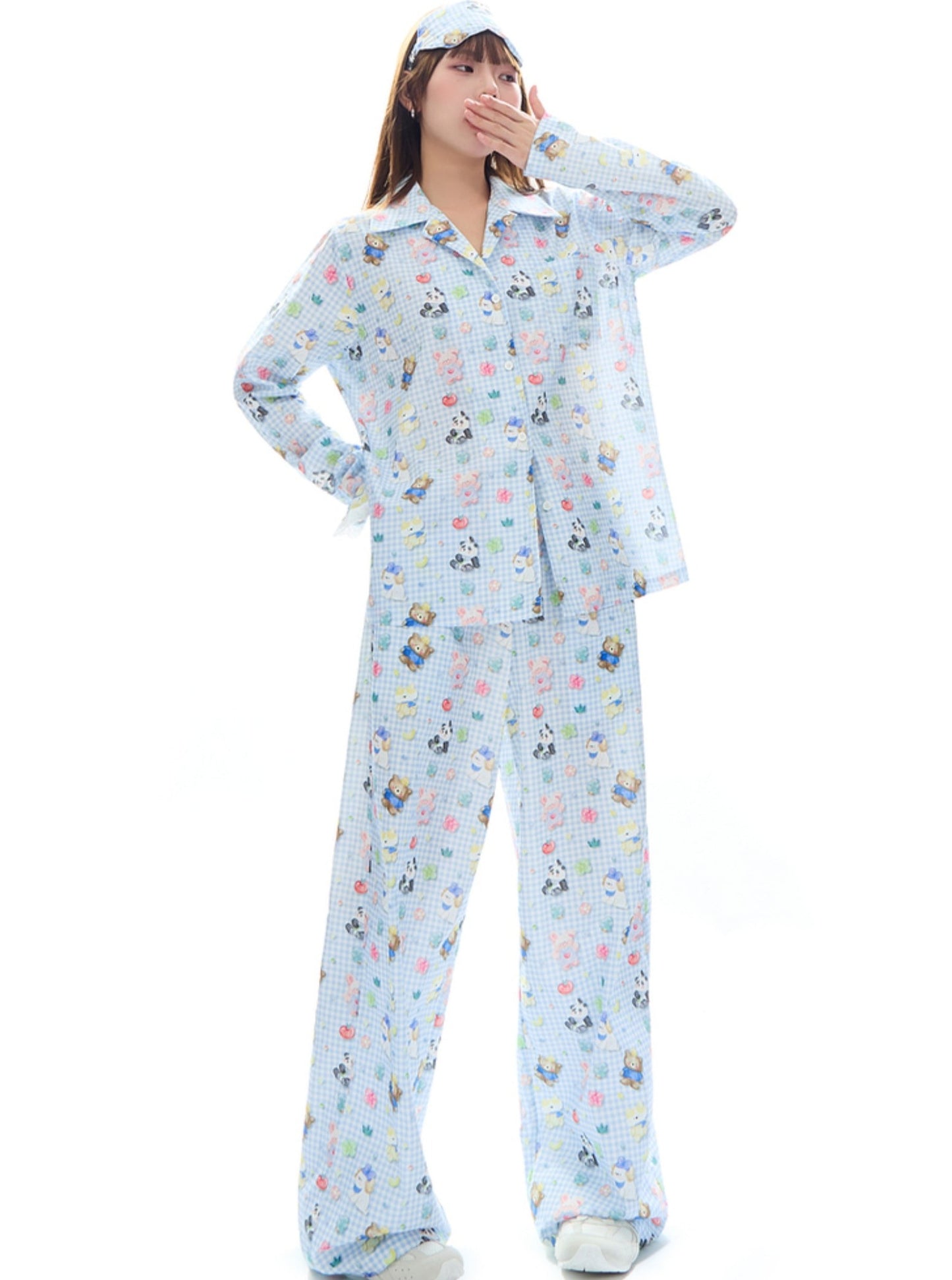 APEA sleepy bear puppy lazy long-sleeved pajamas cotton cute cartoon print parental pants two-piece suit