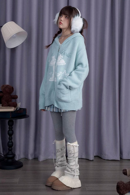 SagiDolls Girl's Fighting Spirit Winter Visitor Fairy Tale Jacquard Lake Blue Hooded Sweater Appears White Loose and Versatile