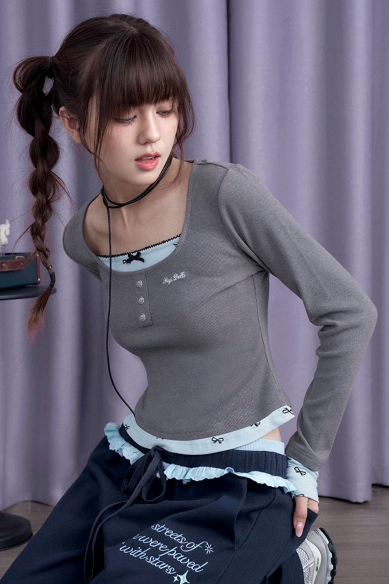 SagiDolls Girl's fighting spirit is sweet and versatile, gray and blue bow fake two long-sleeved T-shirts, slim and cute