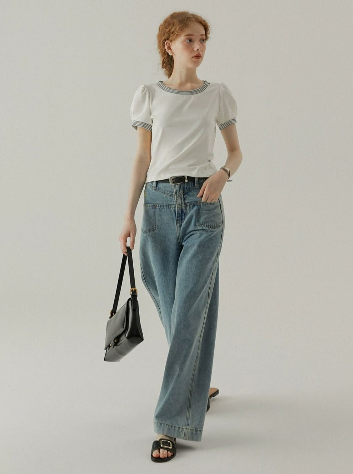 Retro Embroidered Blue Wide-Leg Pants
