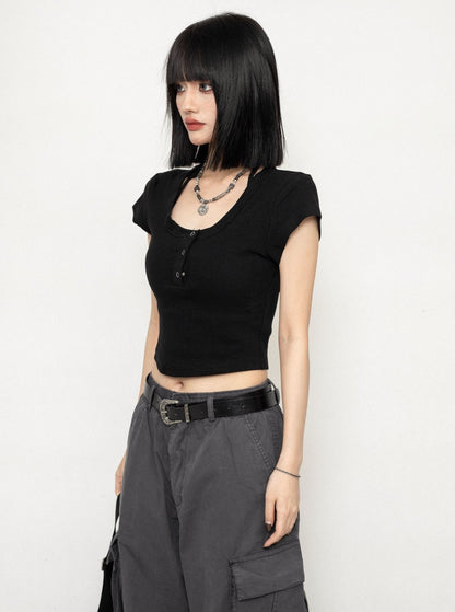 Black Shoulder Slim Short Sleeve T-Shirt