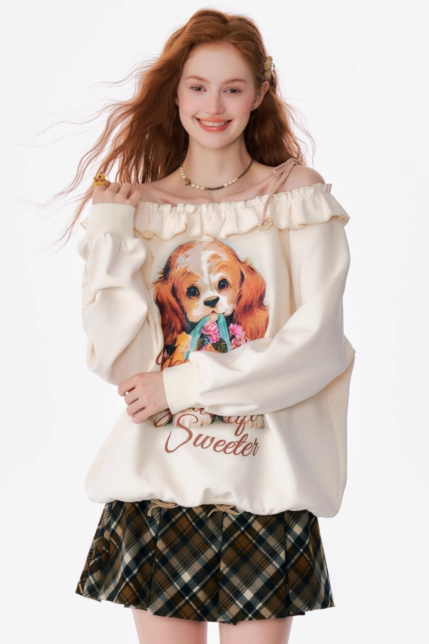 ziziFei Herbst und Winter amerikanischen Retro-Design Sinn einzeiligen Schulter lose faulen Wind Hund drucken off-the-shoulder Sweatshirt Frauen