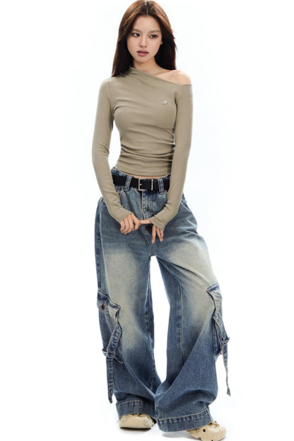 APEA American Retro Wash Distressed Cargo Jeans Women's Fall 2024 New Loose Straight Wide Leg Pants