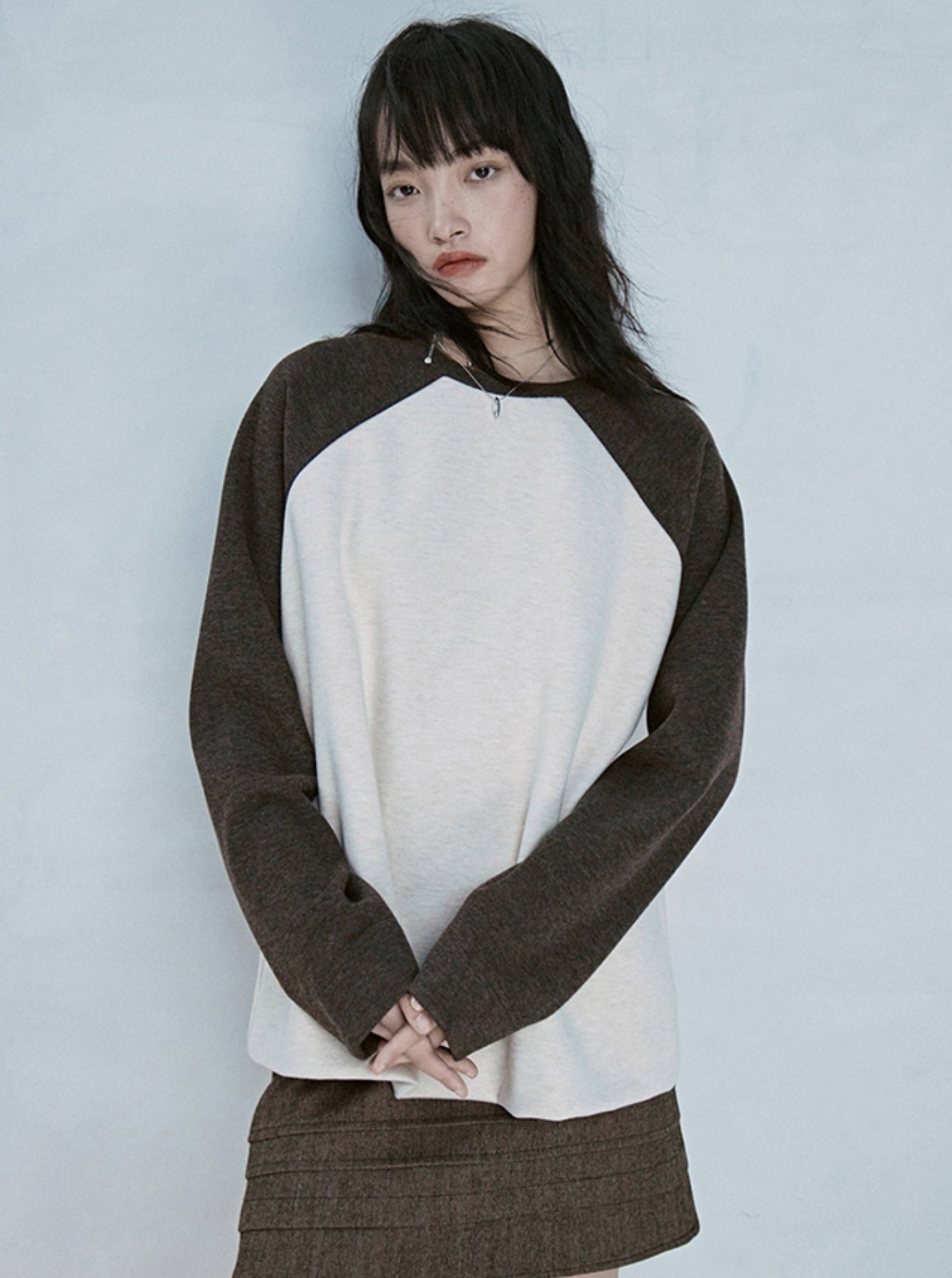 Coffee contrasting raglan sleeves top