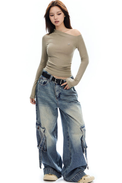 APEA American Retro Wash Distressed Cargo Jeans Women's Fall 2024 New Loose Straight Wide Leg Pants