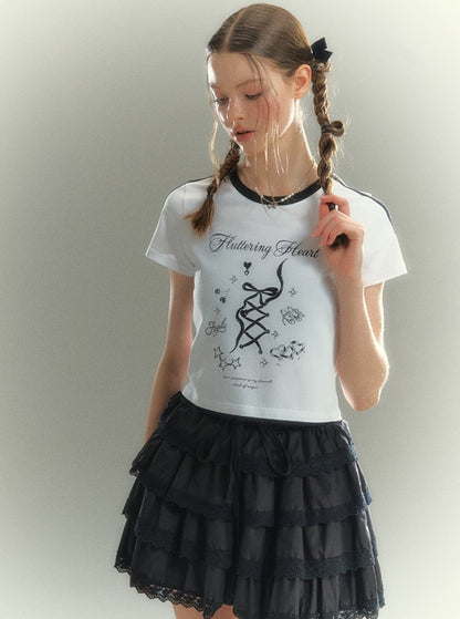 White Bow Letter Print Contrast T-Shirt