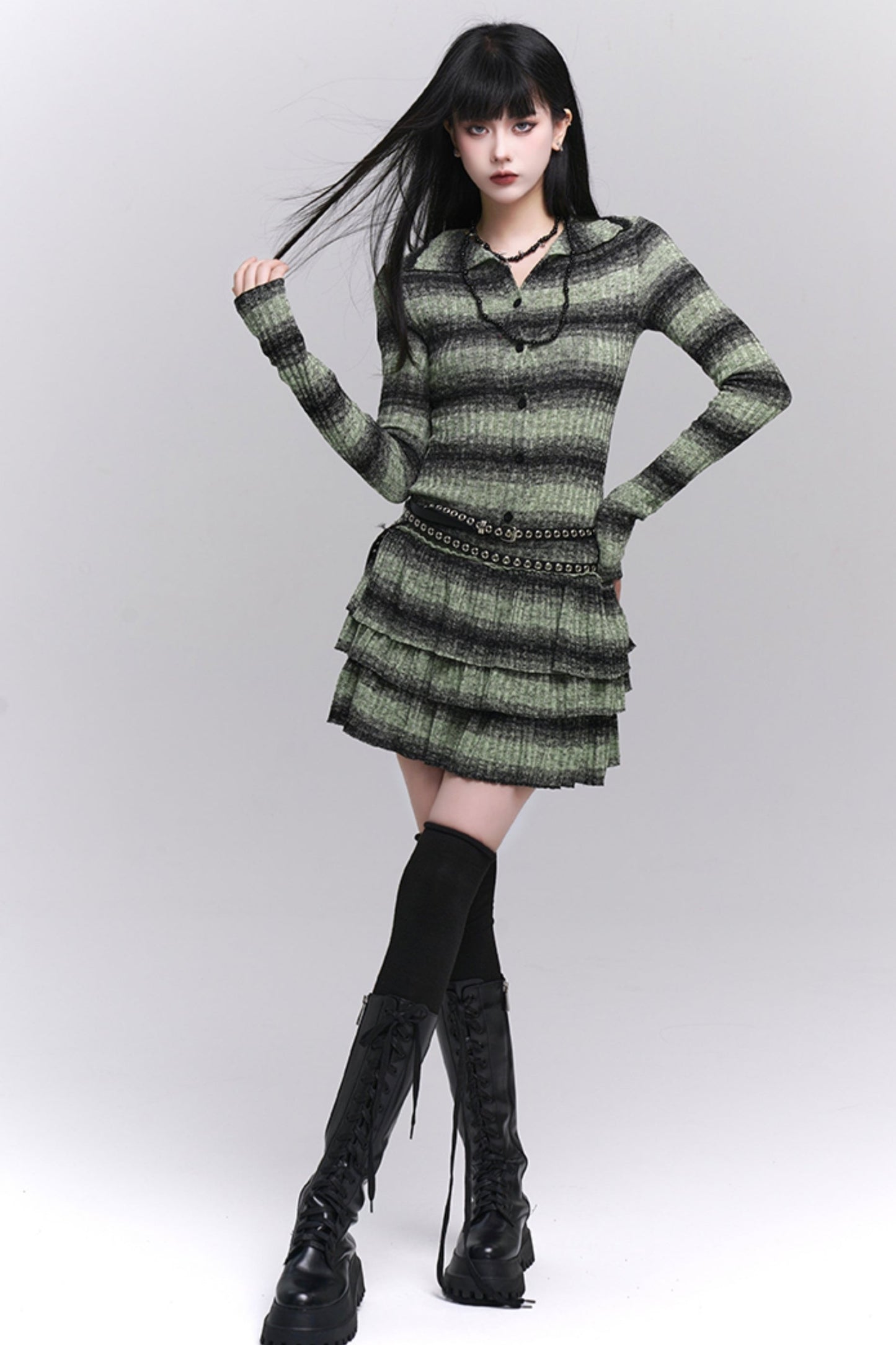 Early Autumn Thin Green Striped Knit Dress