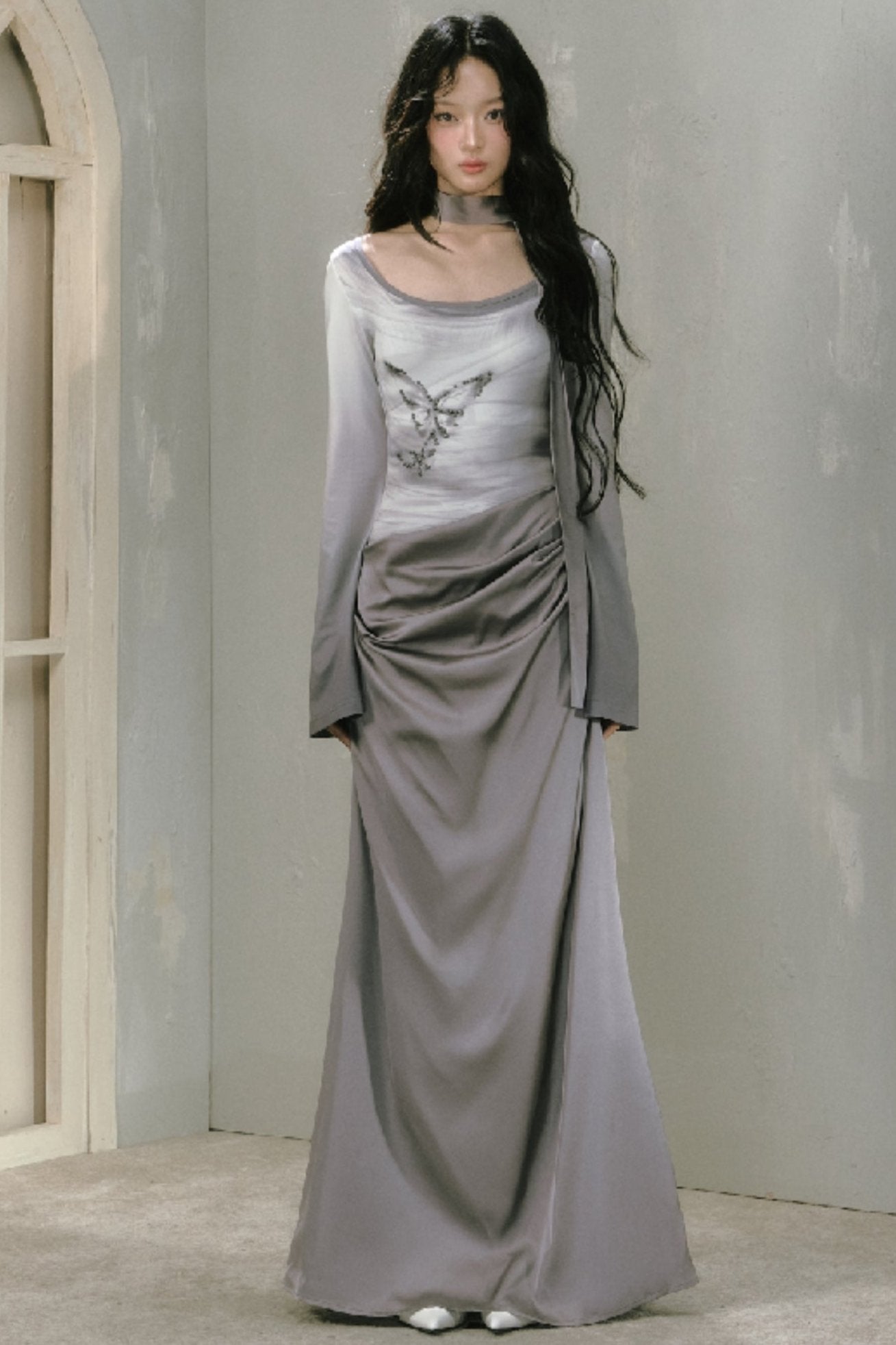 Gray Long Sleeve Butterfly Dress