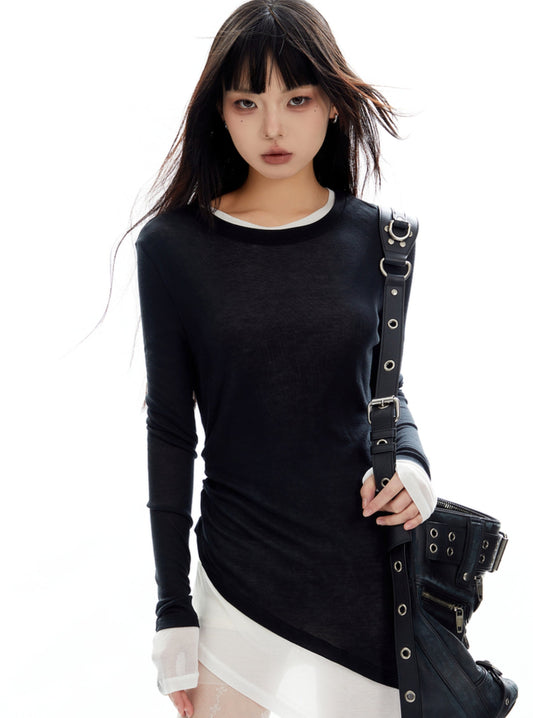 Slim Contrast Fake Two Knit Tops