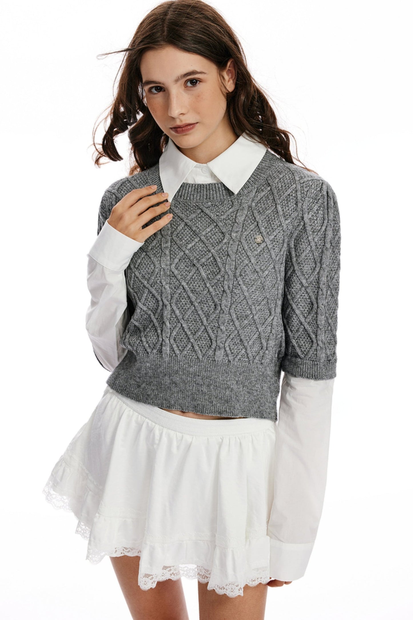 Shirt Collar Stitched Knit Sweater