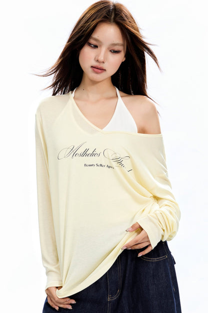 Loose Letter Print V-Neck Top