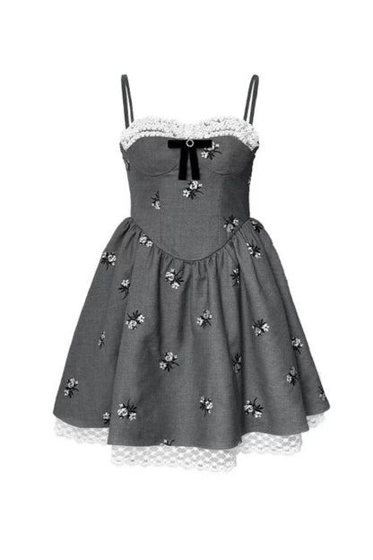 Gray Cinched Waist Floral Lace Dress