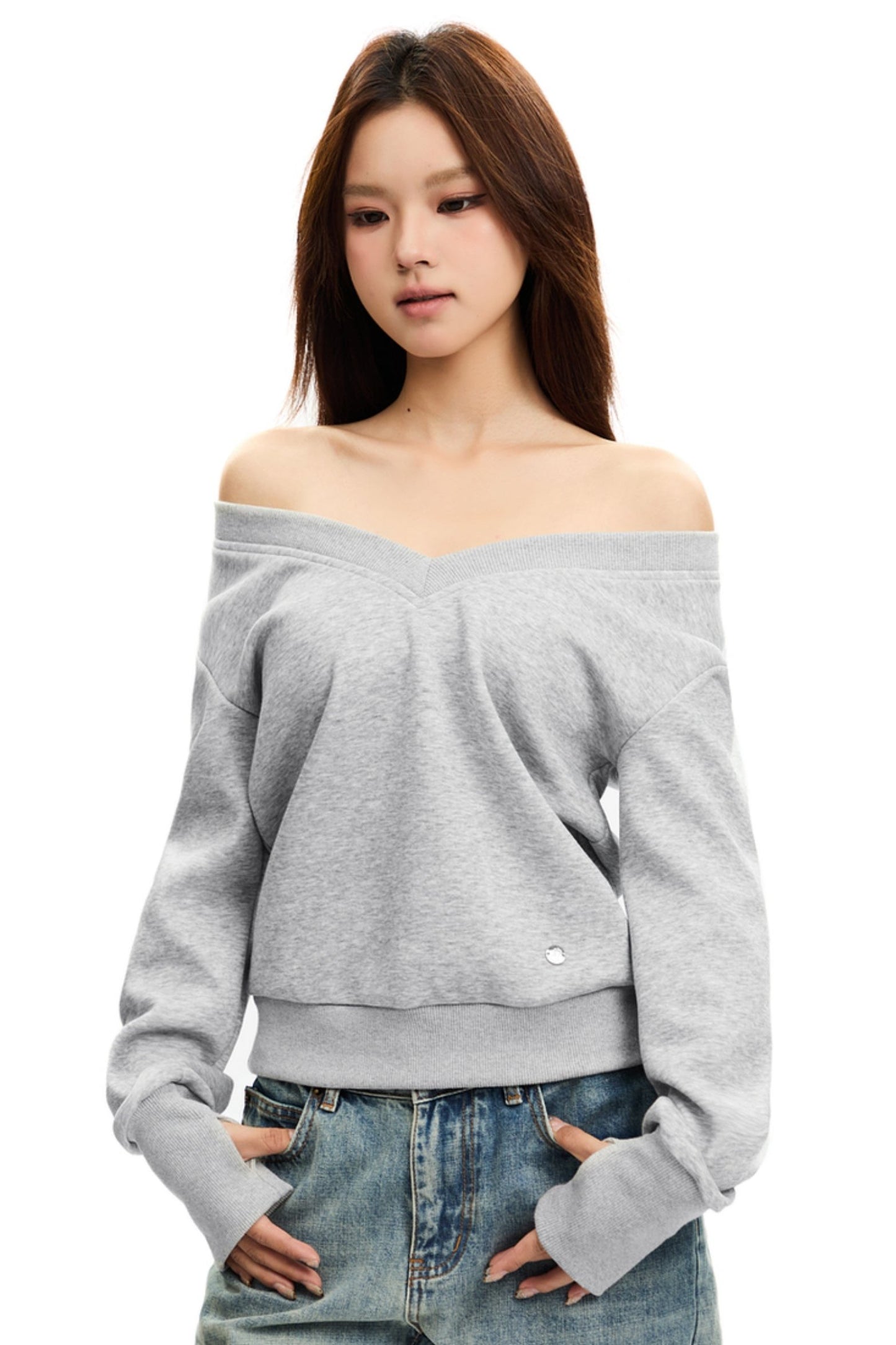 [Oktober 21 Neue Ankunft] APEA Sport große V-Ausschnitt Top, Frauen faul Stil, locker und dünn, off-the-shoulder Sweatshirt