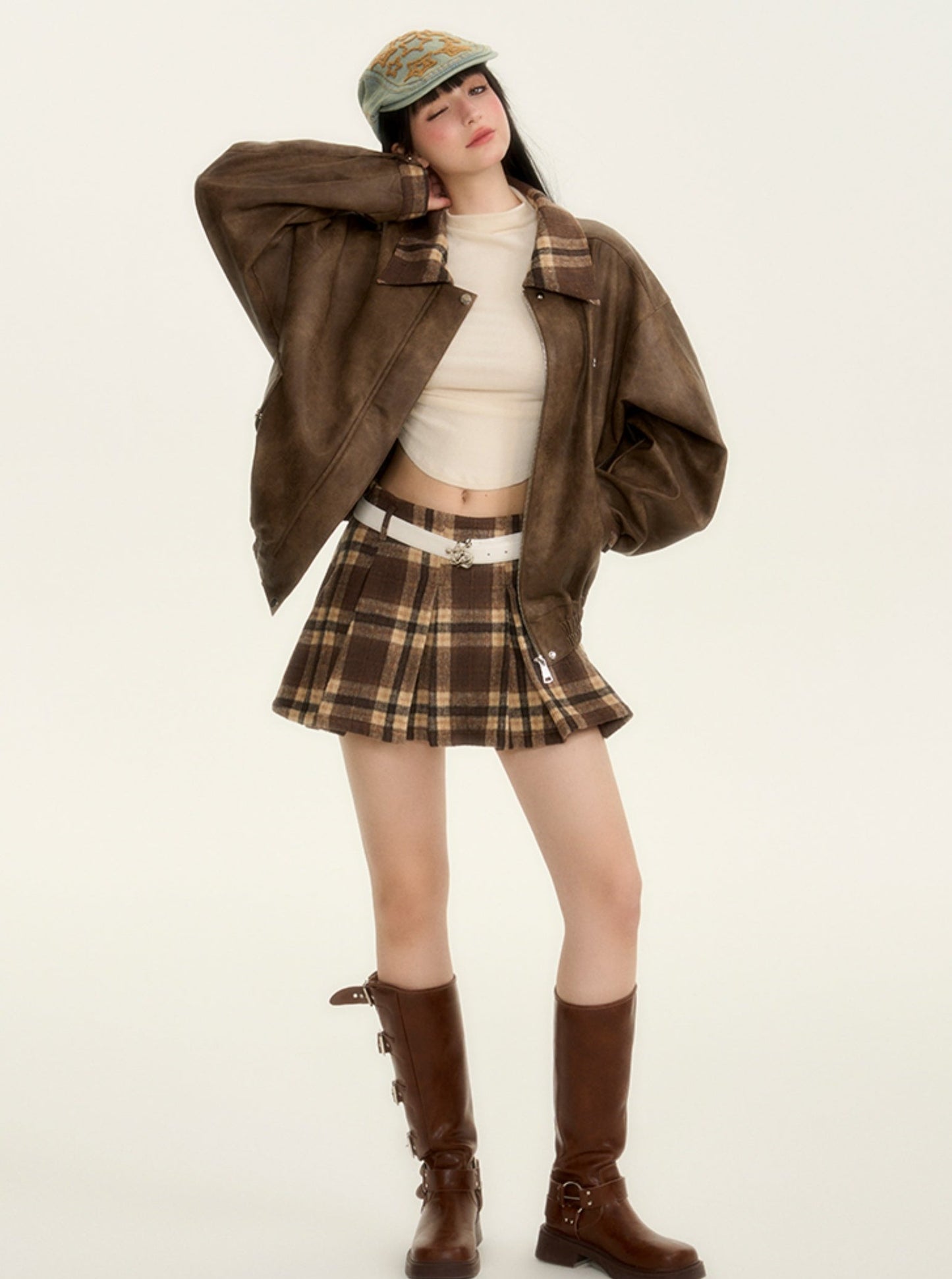 American paneled baseball leather jacket skirt set-up