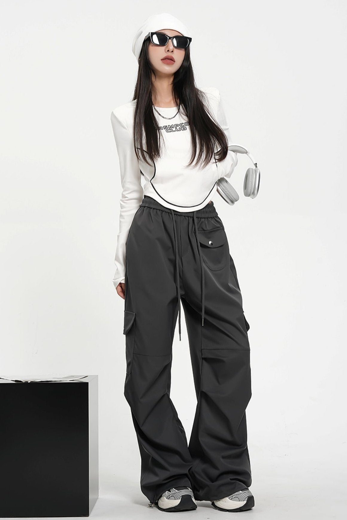 High-Waisted Elasticated Waist Cargo Pants