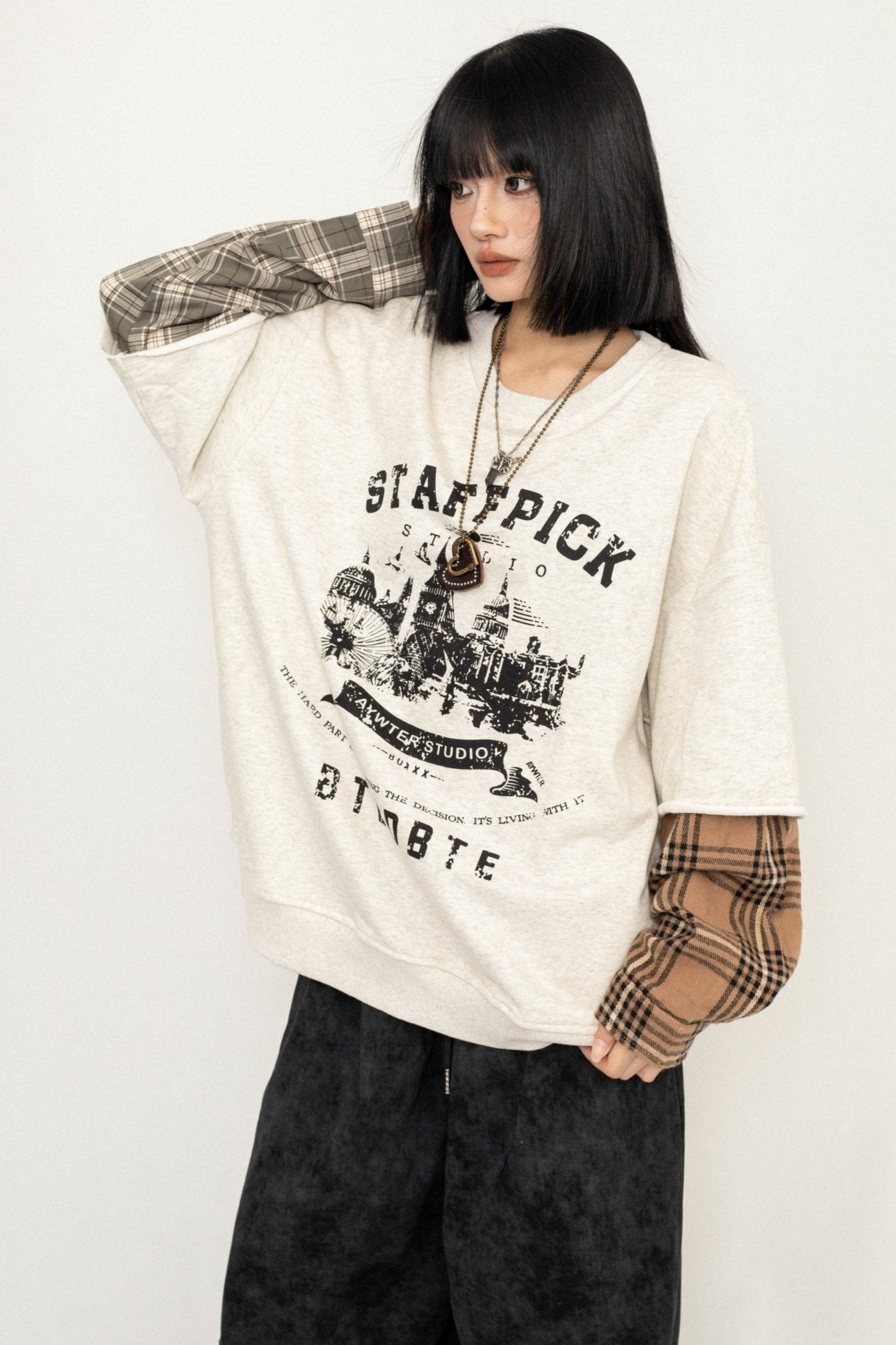 American Vintage Plaid Stitched Long Sleeve T-Shirt