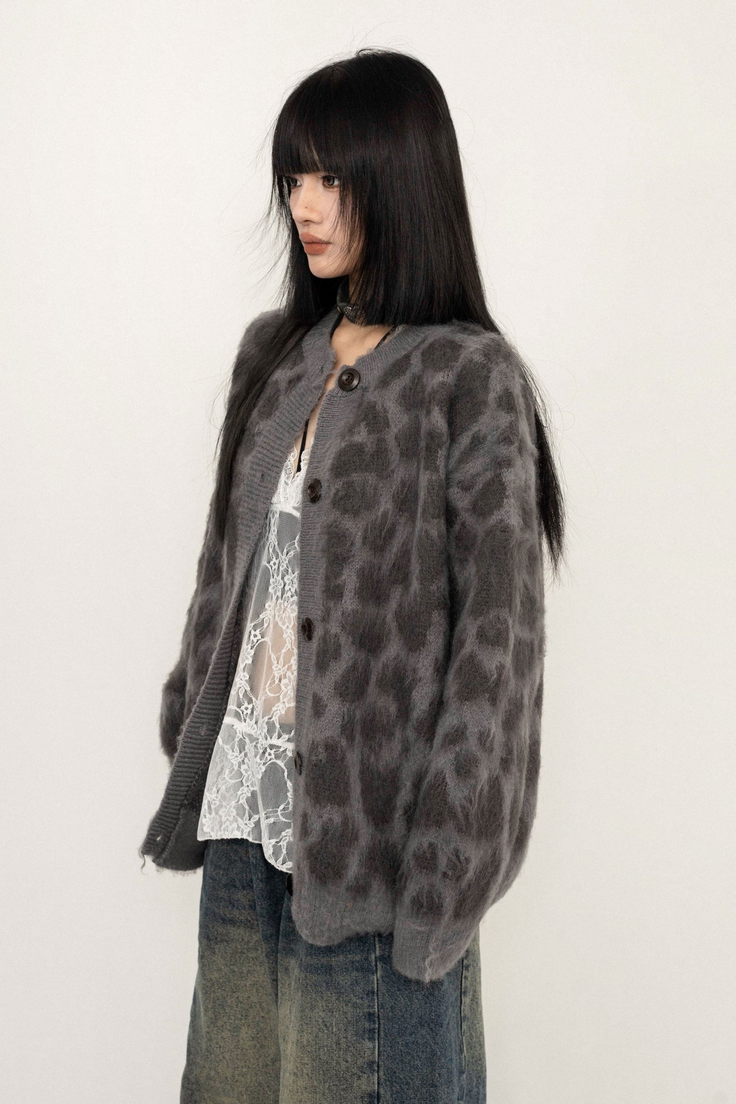 Loose Fit Leopard Print Knit Jacket