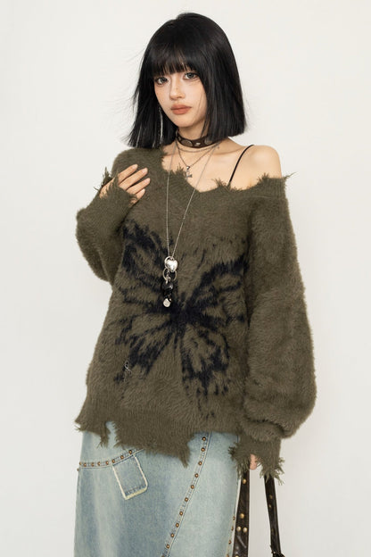 OCTTFLAB Lazy Wasteland Frayed Sweater Butterfly Print Top Herbst-Winter 2024 Neue Strickwaren Frauen