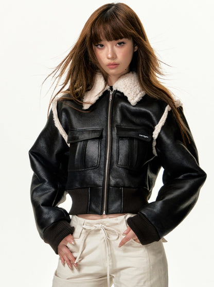American Vintage Cropped Lambswool Leather Jacket