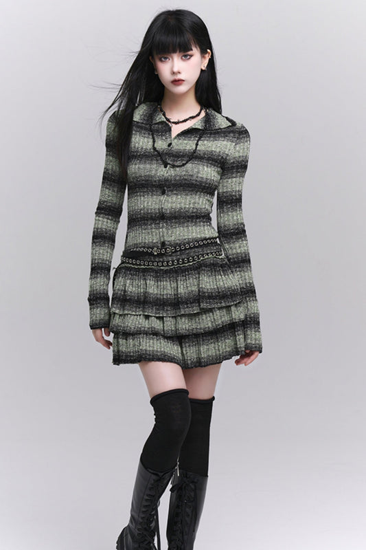 Early Autumn Thin Green Striped Knit Dress