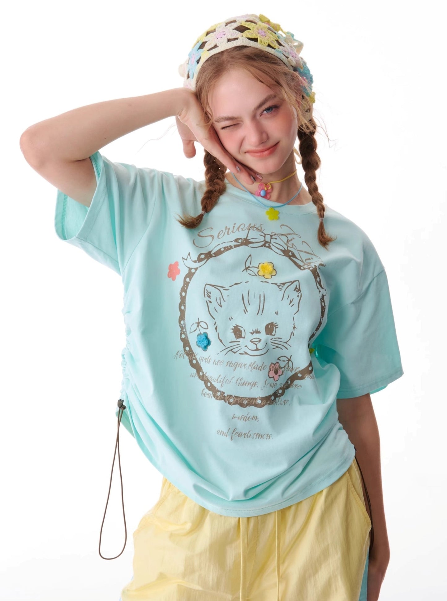 Loose Cat Print Drawstring T-Shirt