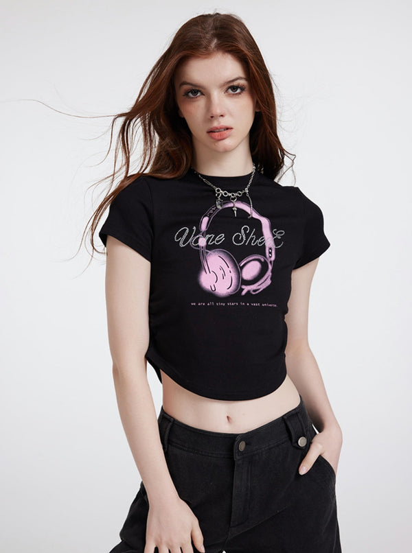 Printed Headphones Short Sleeve Top