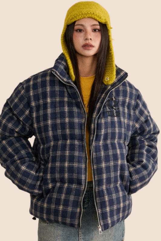 EZEK American retro check thickened warm jacket, women's thin cotton clothes, winter bread clothes, loose and thin cotton clothes