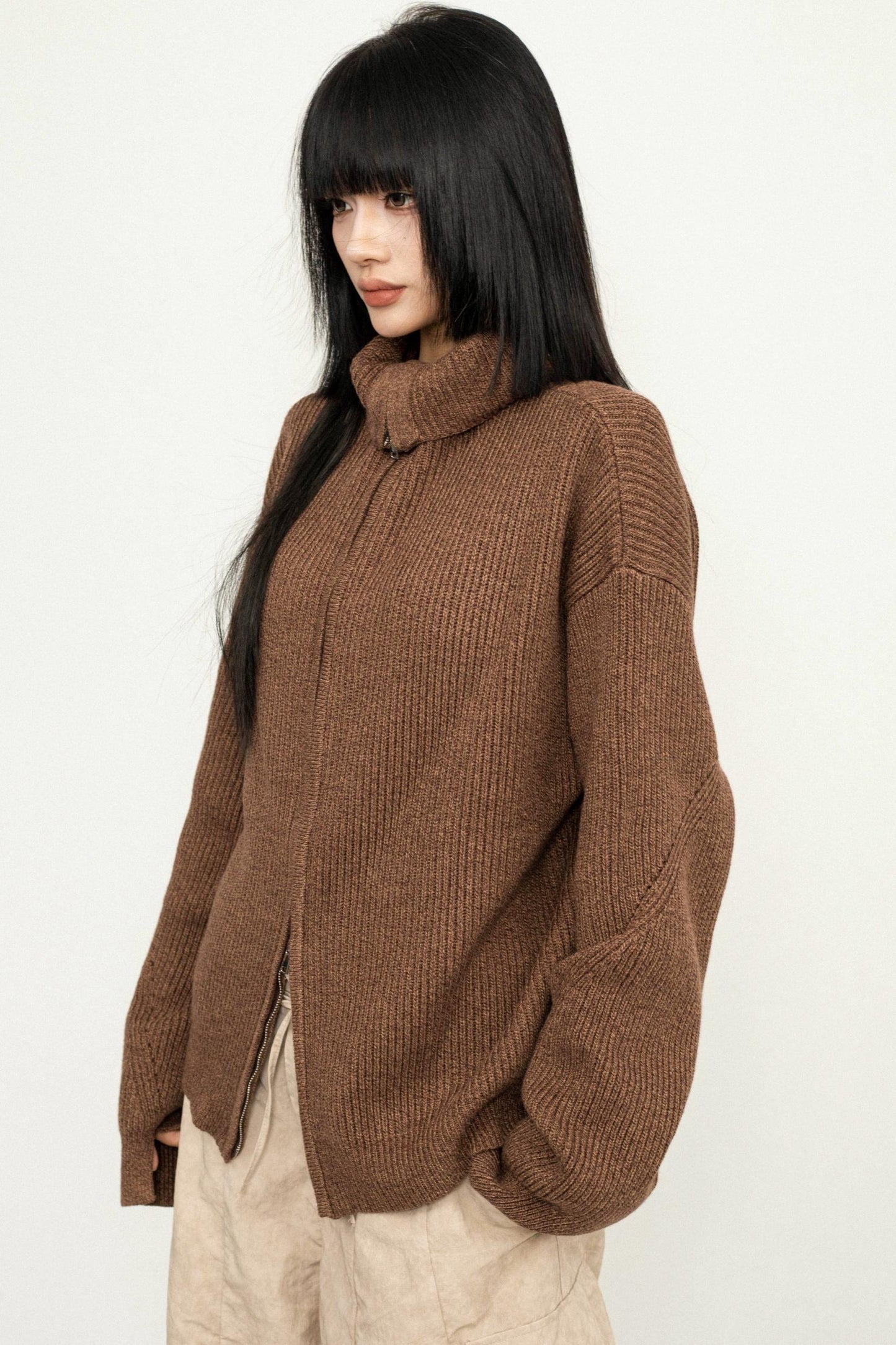 High Neck Zip Knit Sweater