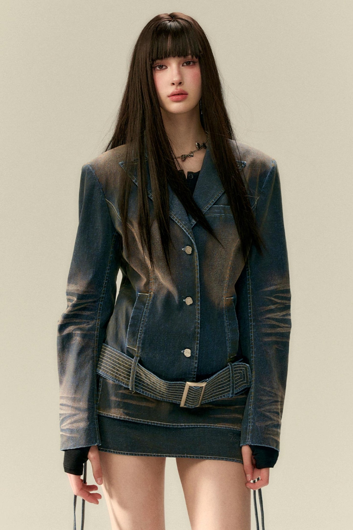 Wide Belt Cinched Denim Casual Jacket Set-Up