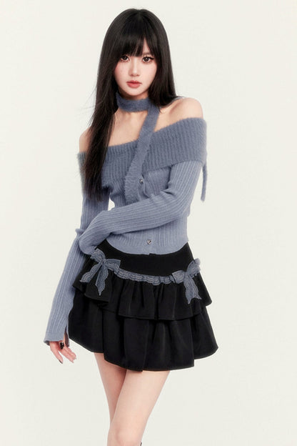 Gray Blue Cake Skirt Knitwear Set-UP