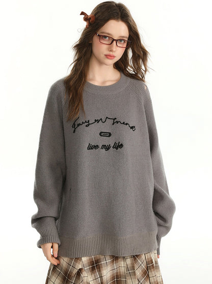 CyNi slouchy woolen embroidery basic crewneck sweater, langärmliges Pullover Oberteil, Strickwaren, lockeres Temperament und vielseitig