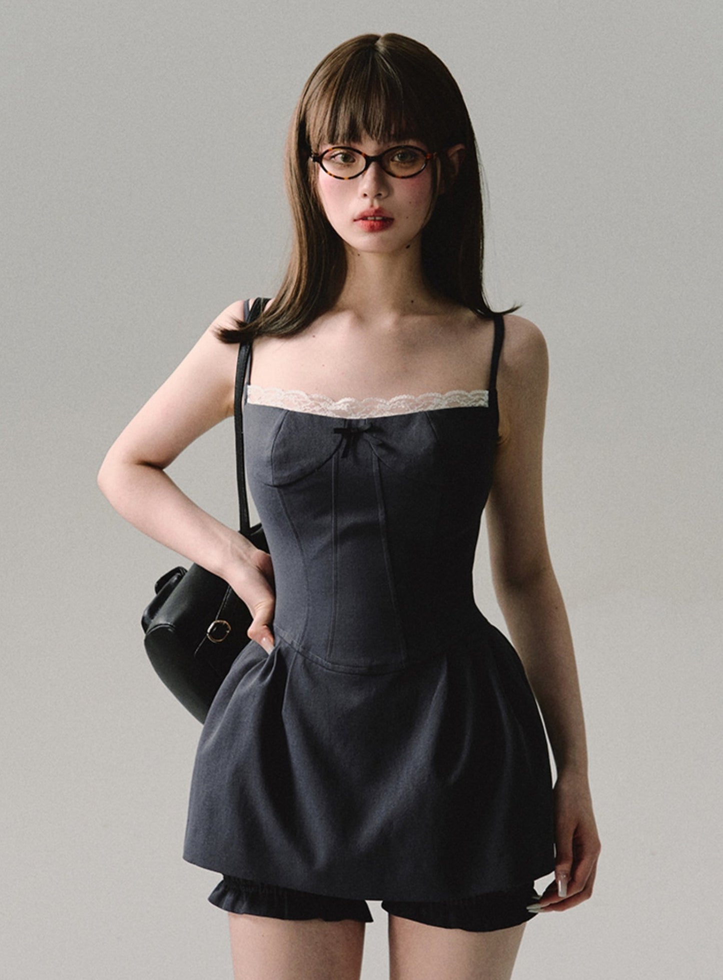 Gray Lace Contrast Suspender Dress Set