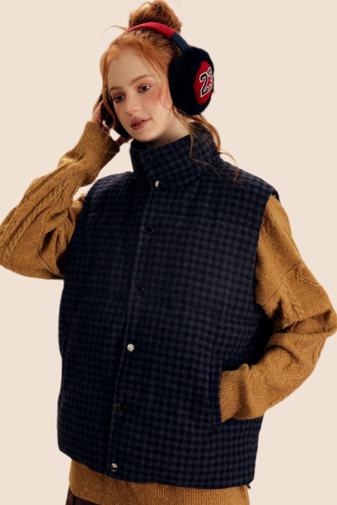 EZEK American Retro Winter 90 White Duck Down Jacket Vest Women's Warm Stand Collar Plaid Vest Jacket