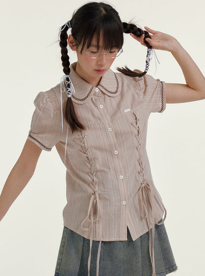 Blue Striped Cropped Casual Doll Collar Shirt