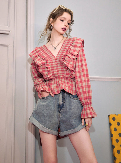 Red Plaid Ruffle Long Sleeve Top