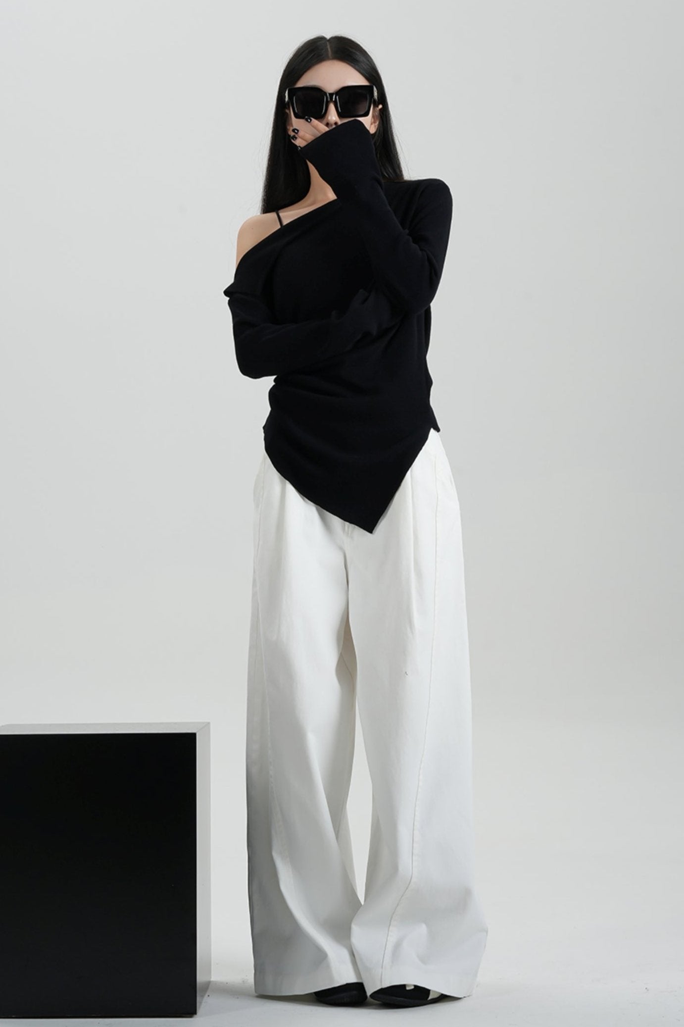 Straight Neckline Slanted Shoulder Sweater