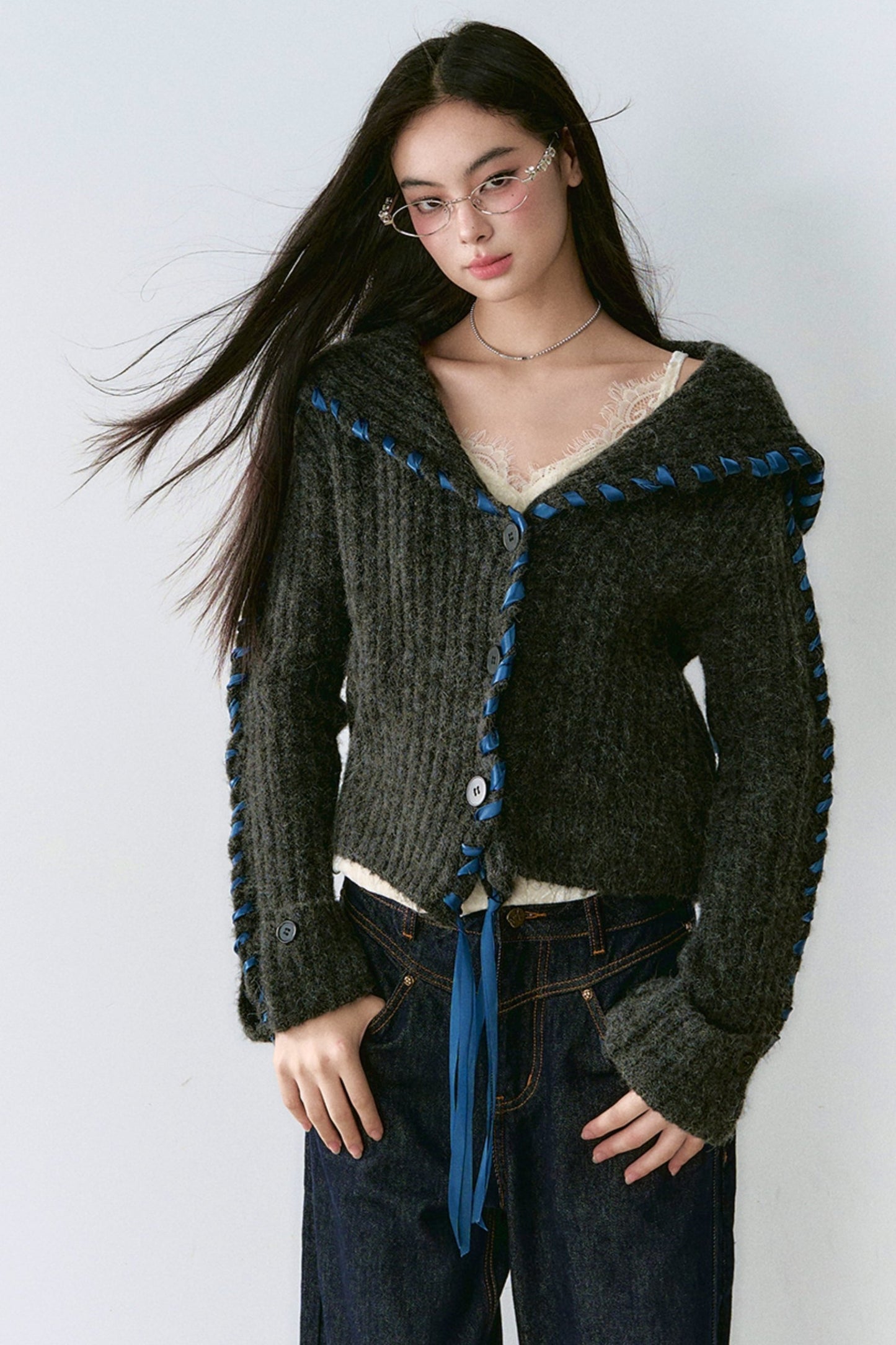 Lace Panel Sweater Jacket with Contrasting Knit Cardigan Vest