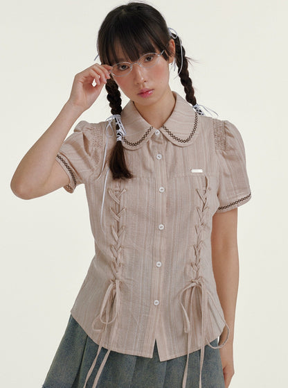 Blue Striped Cropped Casual Doll Collar Shirt