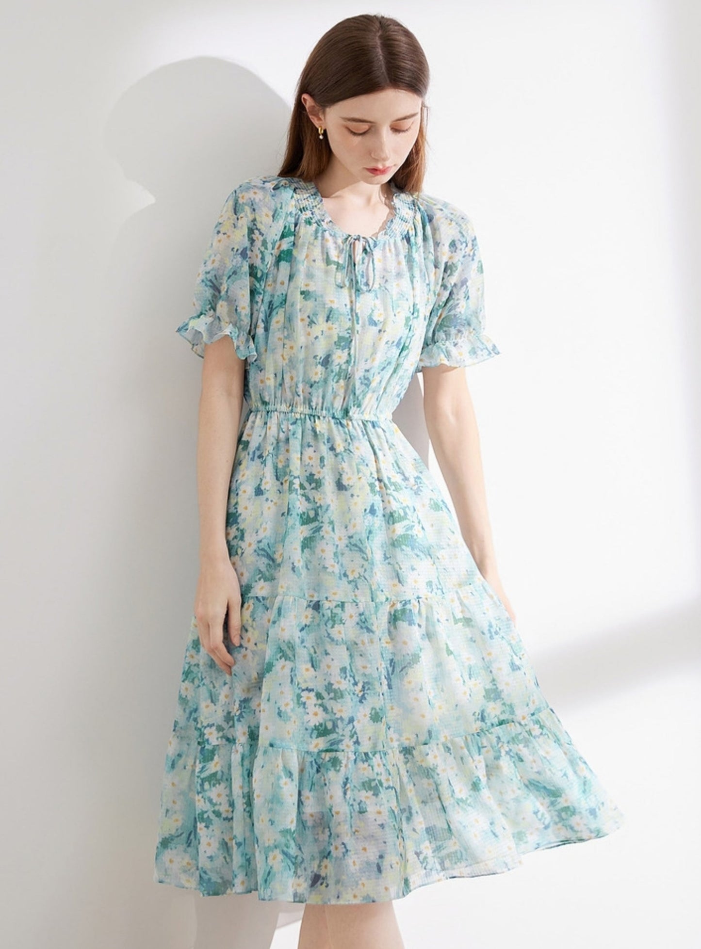 Pressed Pleats Gentle A-Line Floral Dress