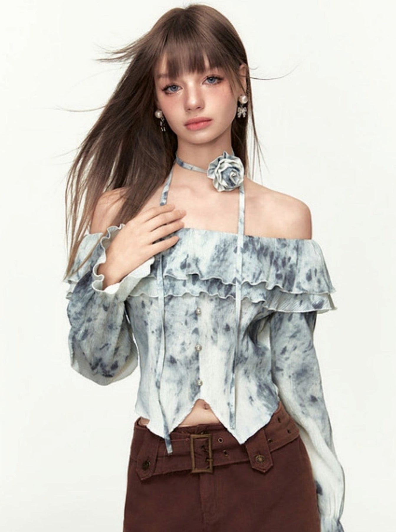 Ruffle Edge Tie Dye Long Sleeve Top