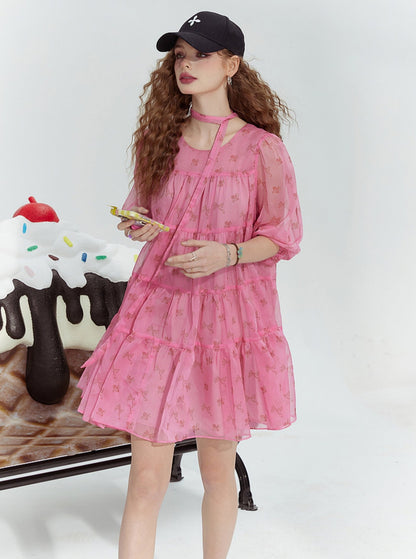 Pink Bow Print Chiffon Dress