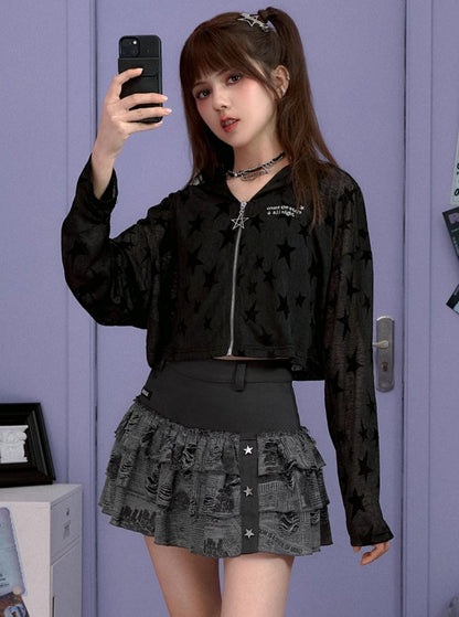 SagiDolls Teenage Fighting Spirit Black Ripped Newspaper Print Millennial Cool High Waisted Cake Rock Hottie Skirt