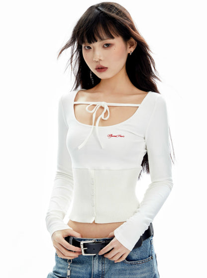 Cropped Knitted U-Neck Drawstring Top
