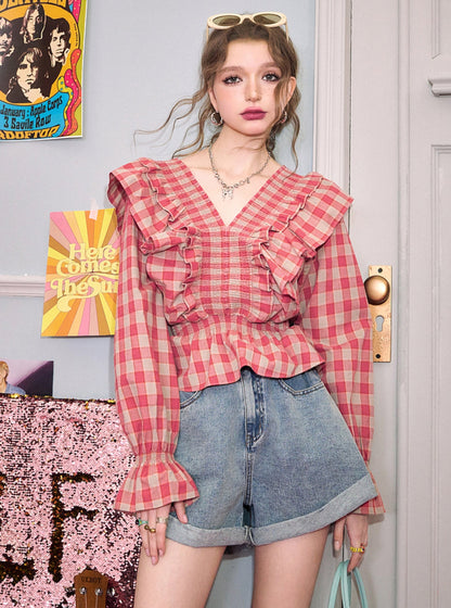 Red Plaid Ruffle Long Sleeve Top